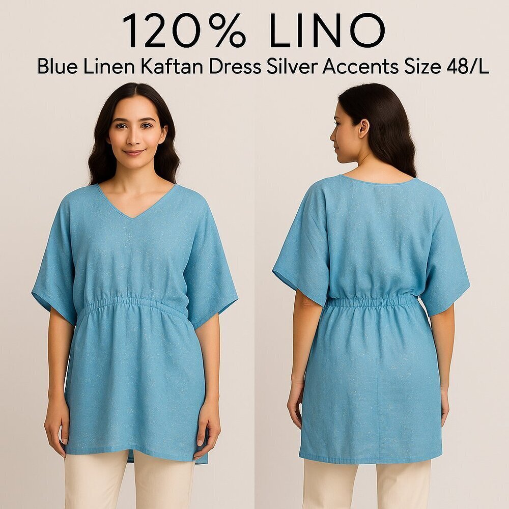 120% Lino Blue Linen Kaftan Dress Silver Accents Size 48/L